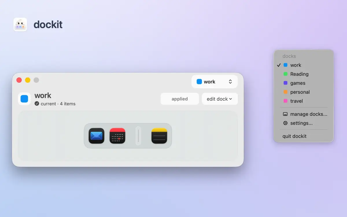 dockit work profile editor and switching menu on a blue and lavender background