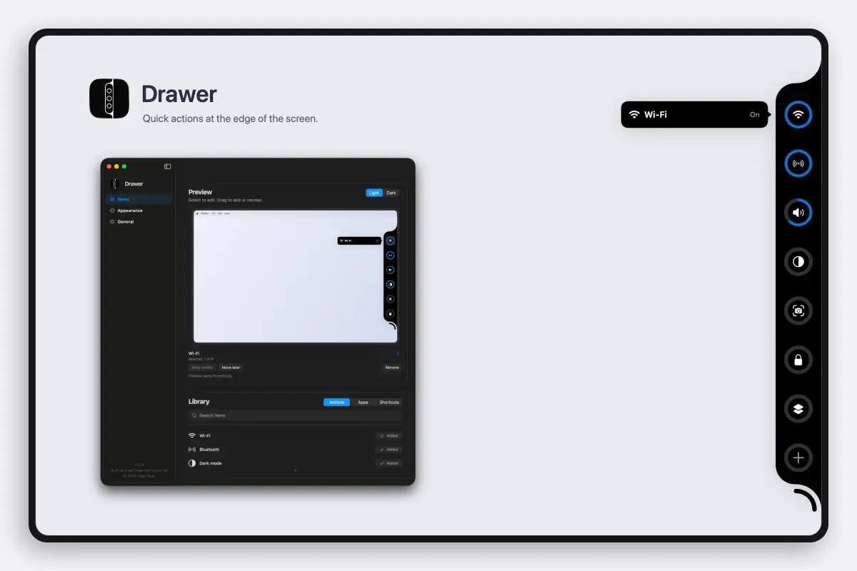 Drawer's settings window on a pale ground with the drawer unfolded against the right screen edge