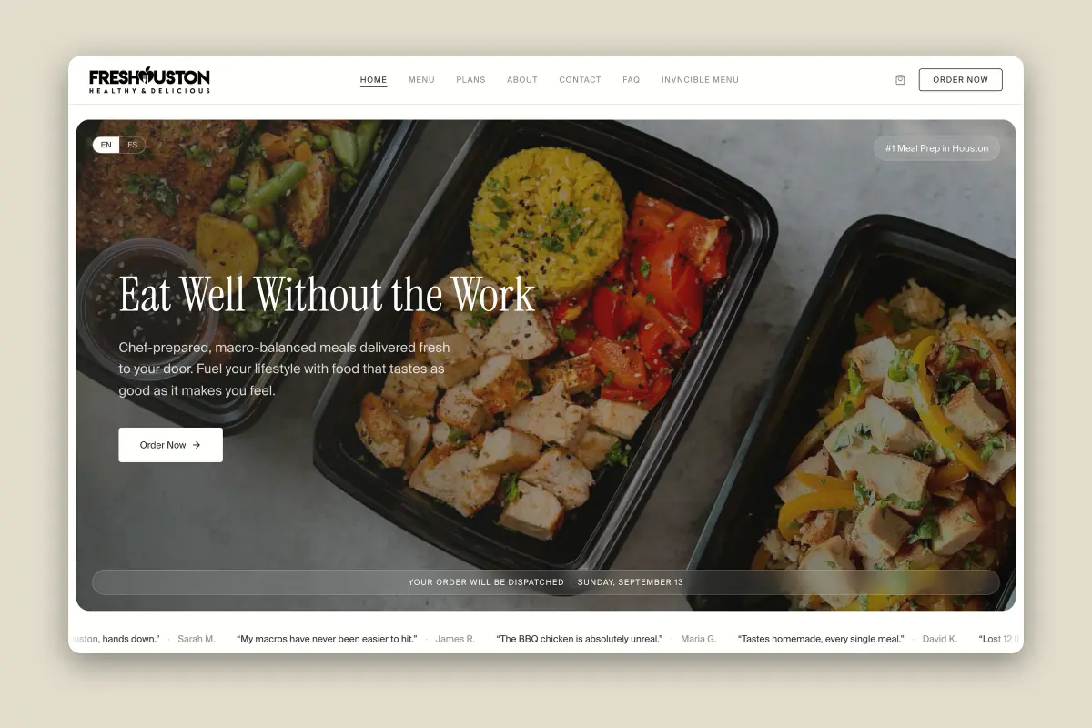 The Fresh Houston storefront on a warm sand ground, showing the hero and its meal photography