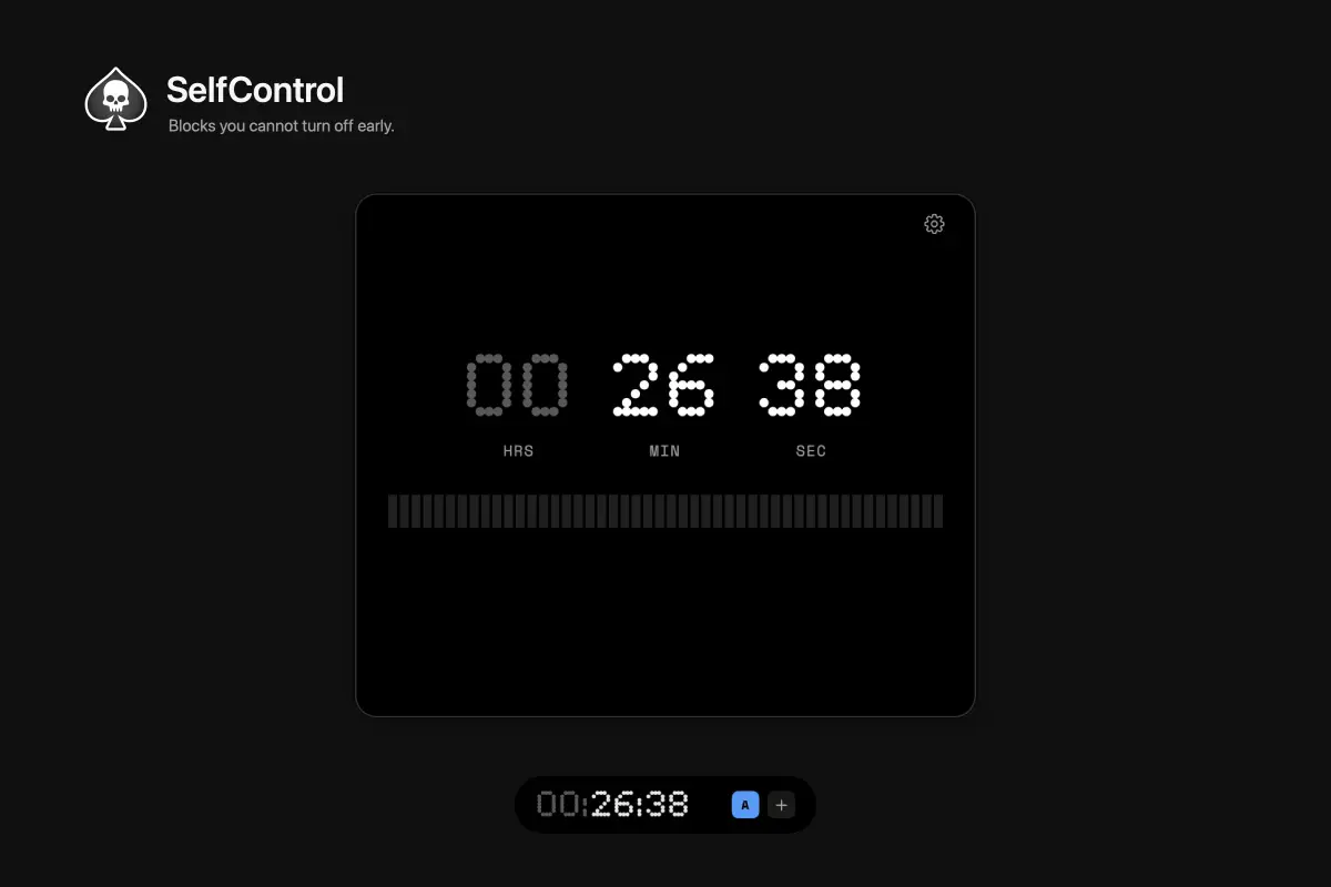 SelfControl's countdown in dot-matrix digits on a black ground, with its floating pill below