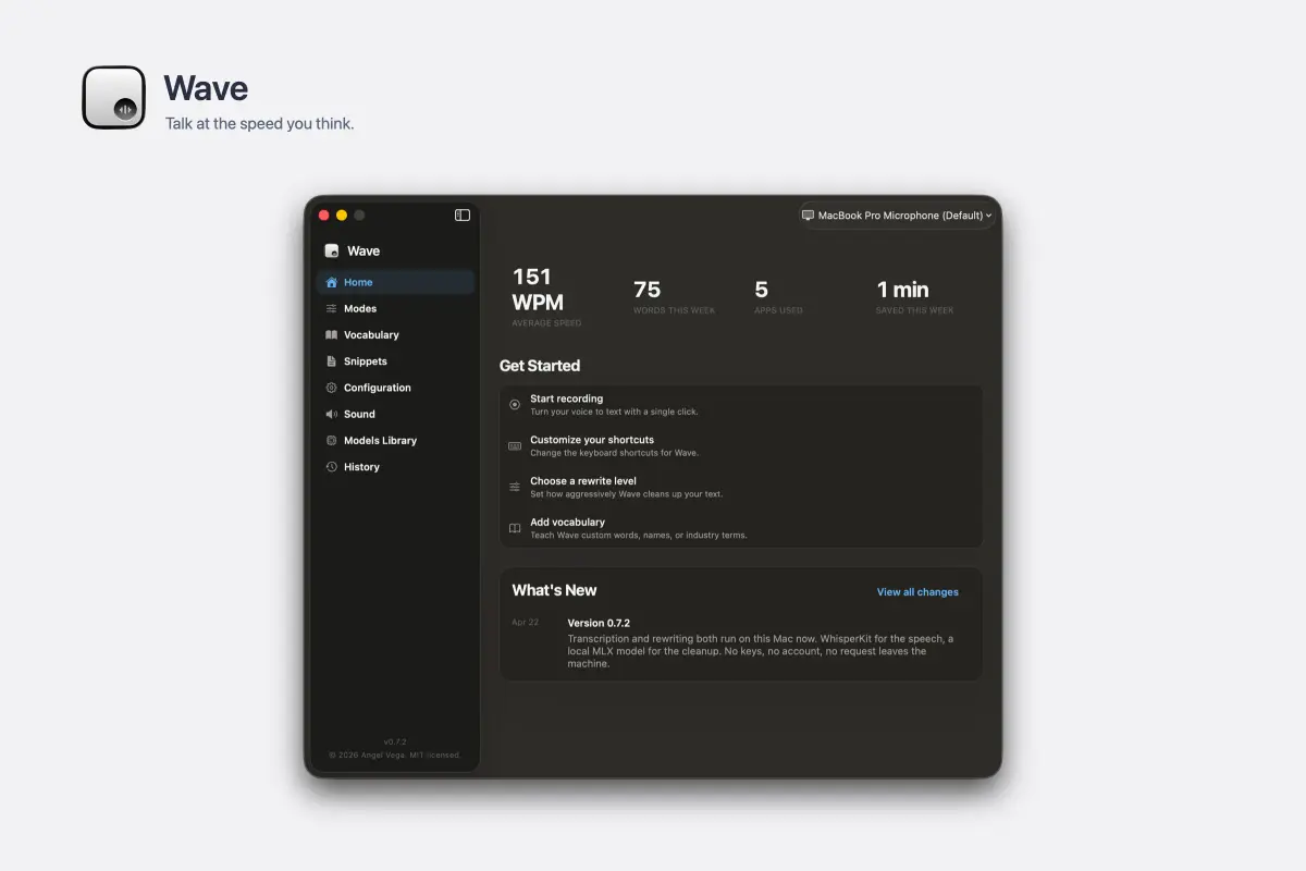 Wave's Home page on a pale ground, showing the week's dictation stats above a Get Started list